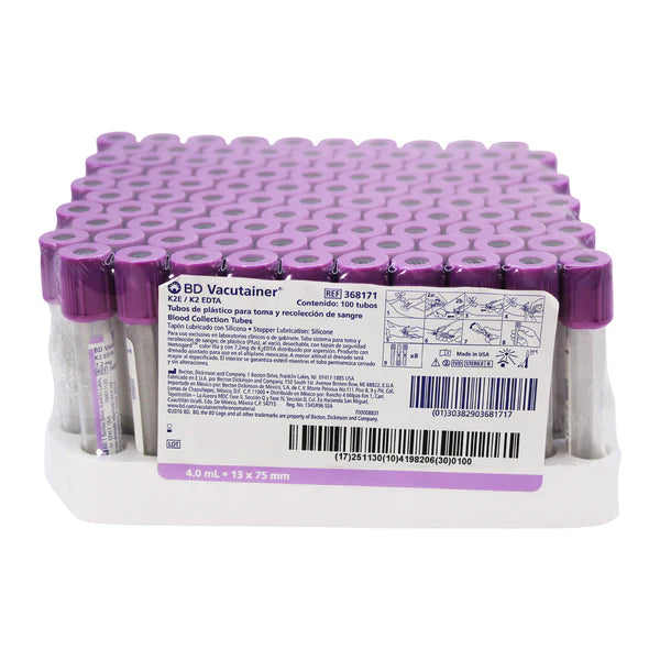BD | Tubo LILA al vacío EDTA K2 13×75mm 4 ml - Gradilla con 100 Tubos