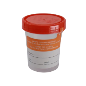 Contenedores de Orina Estériles con termómetro de 120 ml con tapa naranja - Caja con 300 piezas