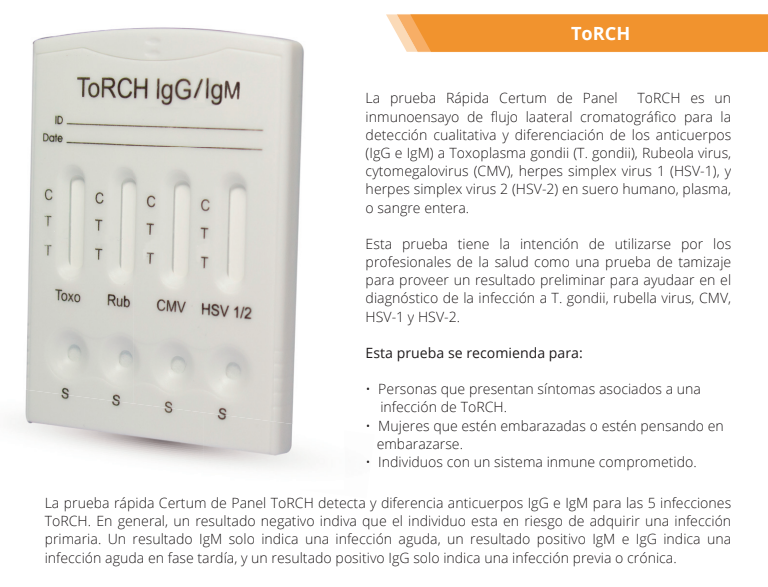 Prueba para detección de anticuerpos (IgG e IgM) de ToRCH en cassette - Caja con 25 piezas - Certum