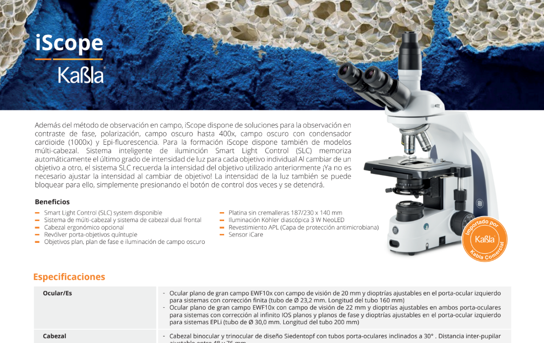 Microscopio binocular iScope (campo oscuro) con oculares EWF 10x/22 mm, objetivos plan PLi 4/10/S40/S100x oil IOS, platina sin bastidor e iluminación NeoLED™ Köhler de 3W - Euromex