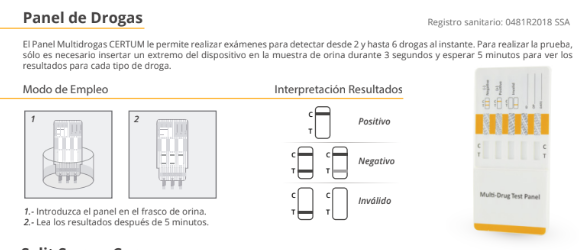 Panel multidrogas de 10 parámetros (AMP/BAR/BZO/COC/MET/MOR/MTD/PCP/THC/TCA) - caja con 25 pruebas - Certum