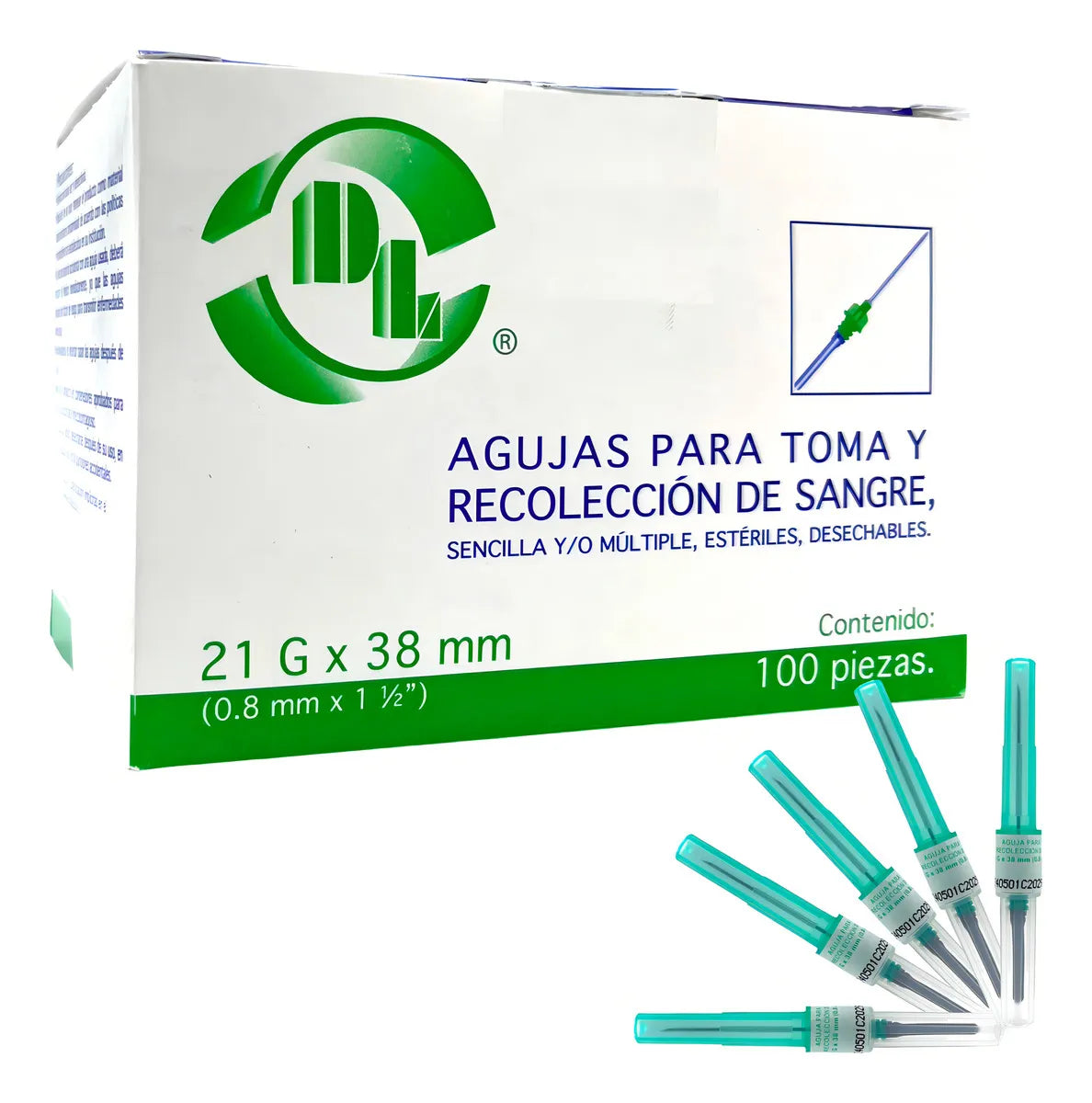 DL | Aguja Vacutainer Toma Múltiple 21G x 38 mm - Caja con 100 Agujas