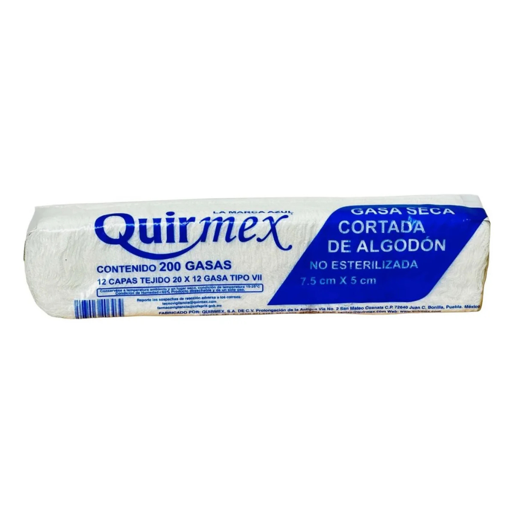 Gasa seca cortada de algodón 7.5x5 cm, 12 capas, no esteril - Bolsa con 200 piezas - Quirmex