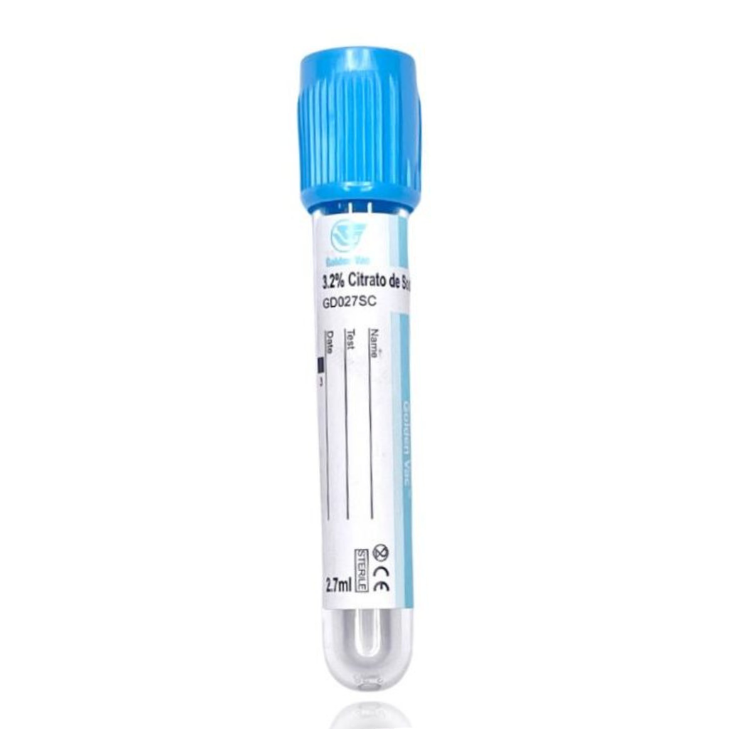 GOLDENVAC | Tubo AZUL al vacío con Citrato de Sodio 3.2% (Tubo PT) 13×75 mm 4 ml - Gradilla con 100 Tubos TUBO AL VACIO GOLDEN VAC México