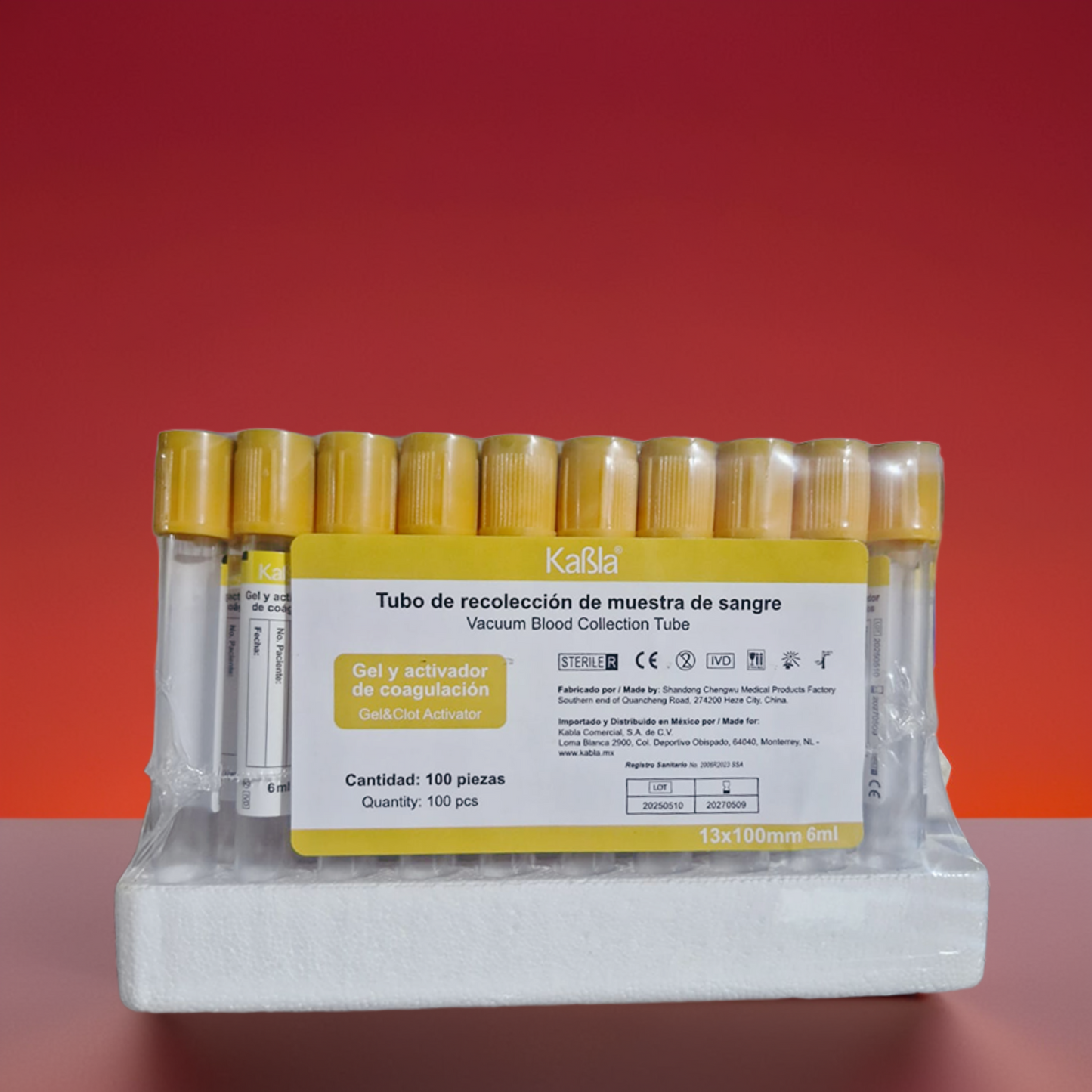 KABLA | Tubo oro al vacío tipo vacutainer con gel y activador de coágulo 13×100 mm 6 ml - Gradilla con 100 Tubos