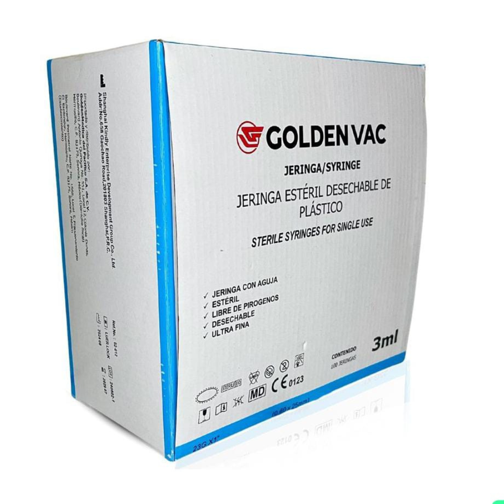 JERINGA AZUL 3 ml 23G X 25mm - Caja con 100 Piezas JERINGA GOLDEN VAC México