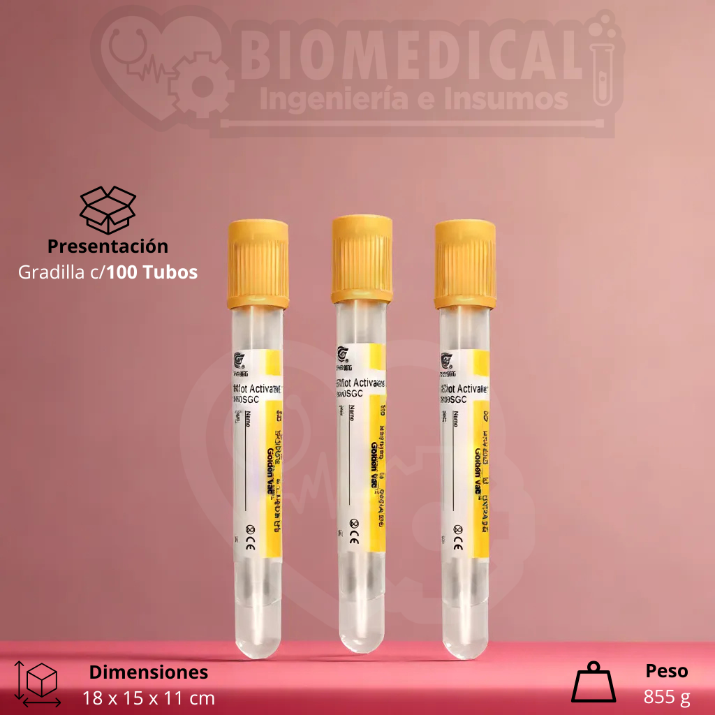 Tubo Amarillo GoldenVac al vacío con Gel y Activador de Coágulo 13×100 mm 6 ml - Gradilla con 100 Tubos