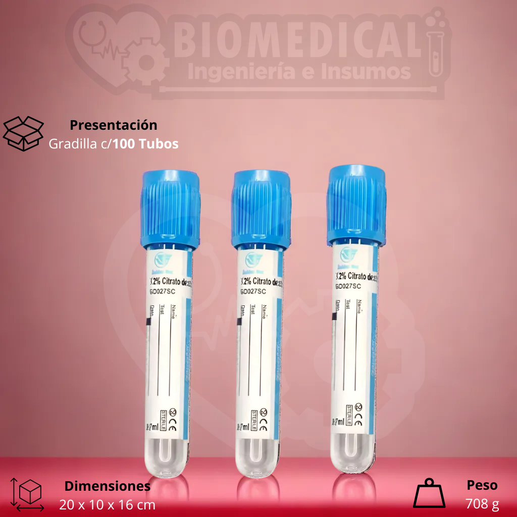 GOLDEN VAC | Tubo AZUL al vacío con Citrato de Sodio 3.2% (Tubo PT) 13×75 mm 4 ml - Gradilla con 100 Tubos