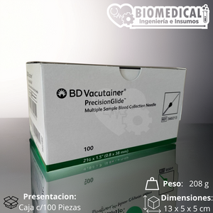 BD | Aguja Vacutainer PrecisionGlide Toma Múltiple 21G x 1.5¨ - Caja con 100 Agujas