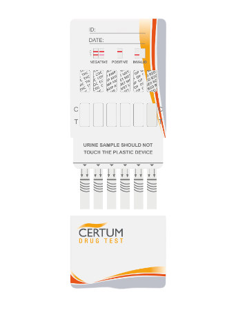 Panel multidrogas de 11 parámetros (AMP/BAR/BZO/COC/MET1000/OPI2000/MTD/PCP/TCA/THC/MDMA) - Caja con 25 pruebas - Certum