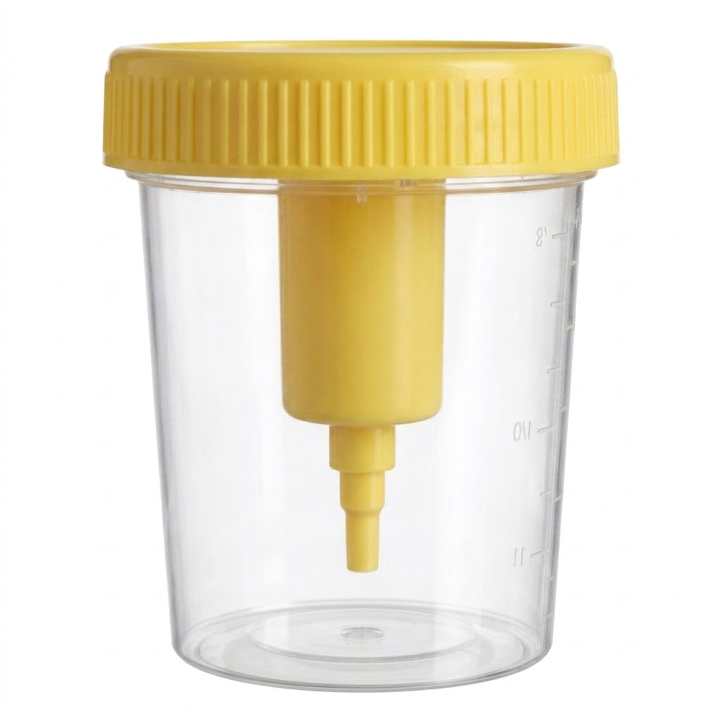KABLA | Vaso de recolección de orina TransferTop con dispositivo de transferencia integrado,120ml estéril, envuelto individualmente - Caja con 300 piezas