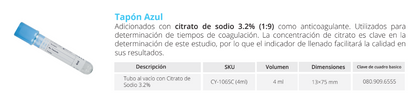 KABLA | Tubo azul al vacío tipo vacutainer con citrato de sodio 3.2% (Tubo PT) 13×75 mm 4 ml | Gradilla c/ 100 tubos