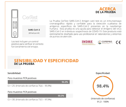 Prueba para deteccion de antigenos (Ag) de SARS-CoV-2 en cassette - caja con 20 pruebas - CerTest