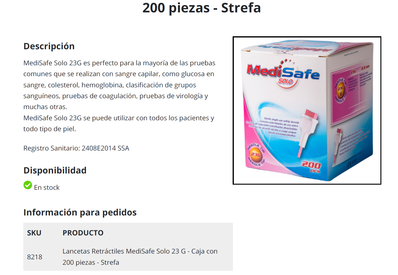 Lancetas Retráctiles MediSafe Solo 23 G - Caja con 200 piezas - Strefa