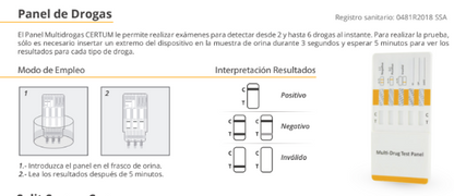 Panel multidrogas de 10 parámetros (AMP/BAR/BZO/COC/MET/MOR/MTD/PCP/THC/TCA) - caja con 25 pruebas - Certum
