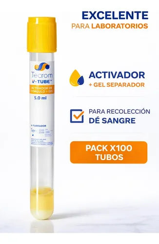 TECROM | Tubo AMARILLO al vacío con Gel y Activador de Coágulo 13×100 mm 5 ml - Gradilla con 100 Tubos