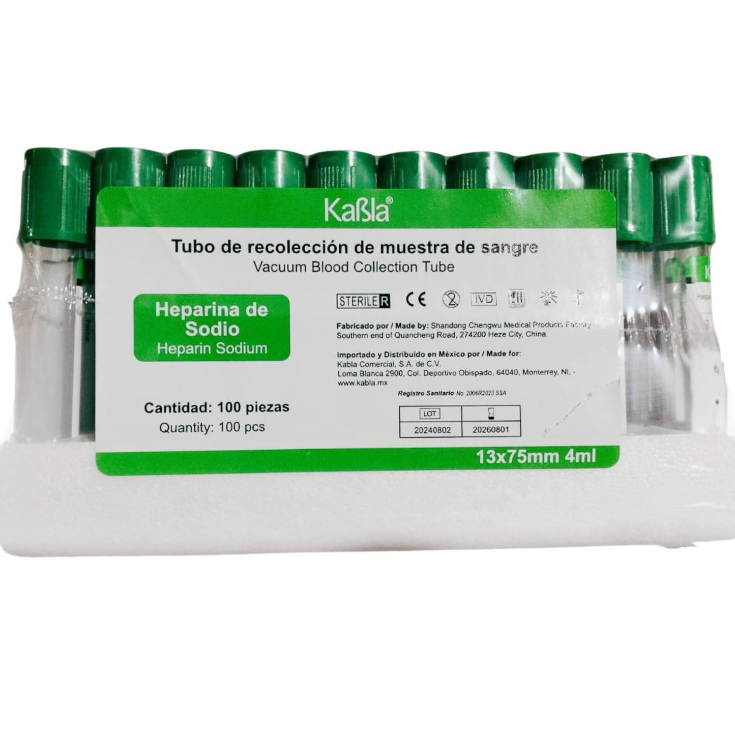 KABLA | Tubo verde al vacío tipo vacutainer con heparina de sodio, 13×75 mm 4 ml, plástico PET - Gradilla c/100 Tubos