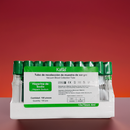 KABLA | Tubo verde al vacío tipo vacutainer con heparina de sodio, 13×75 mm 4 ml, plástico PET - Gradilla c/100 Tubos