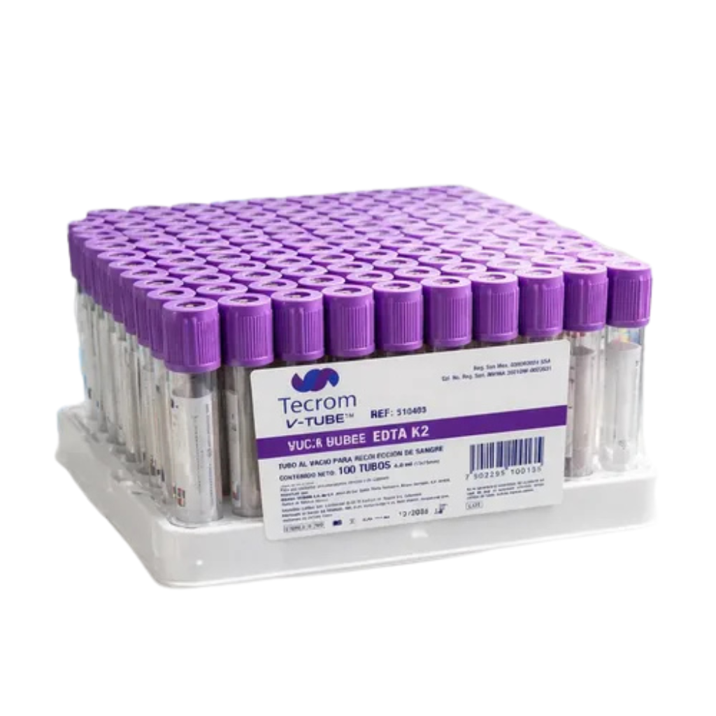 TECROM| Tubo LILA al vacío EDTA K2 13×75mm 4 ml - Gradilla con 100 Tubos