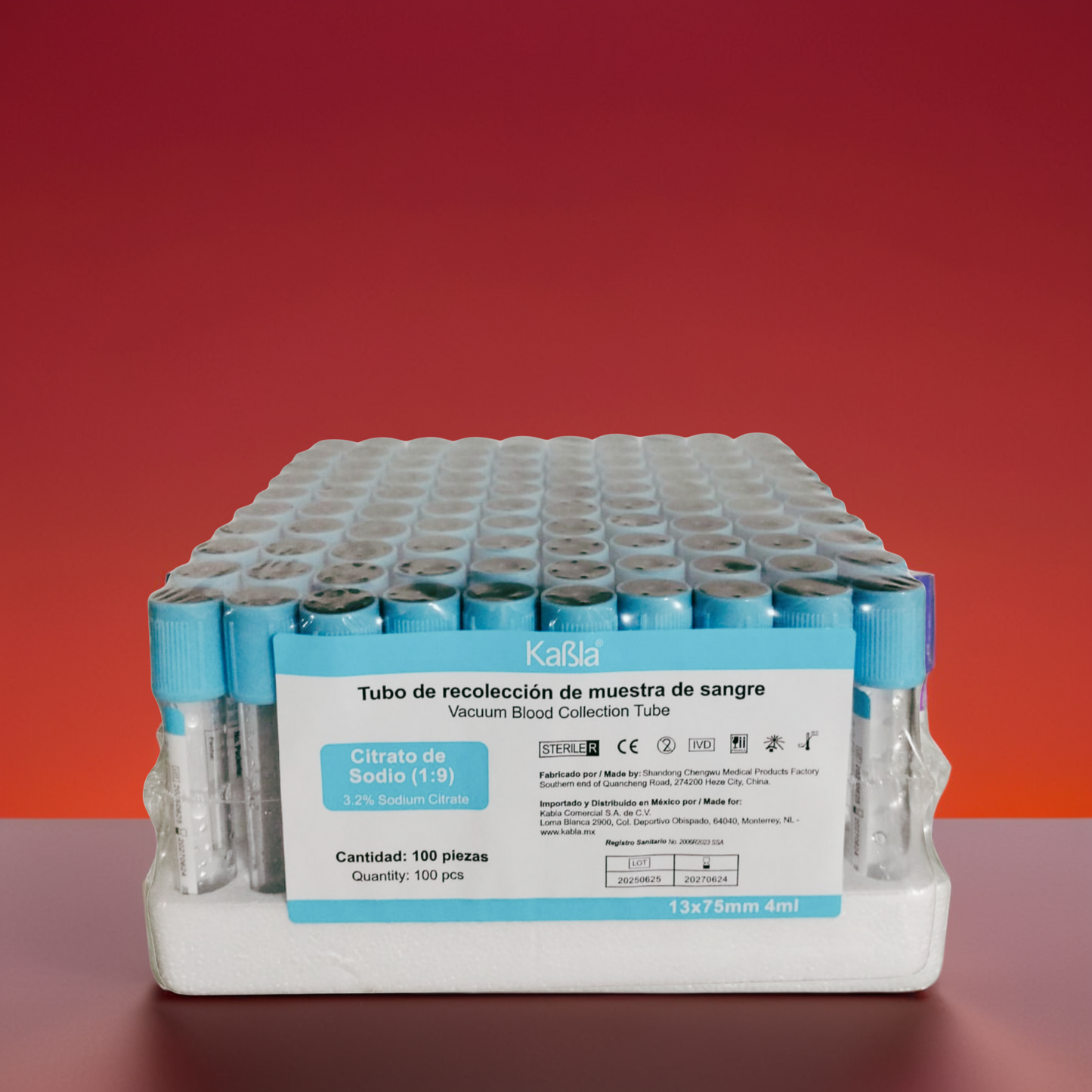 KABLA | Tubo azul al vacío tipo vacutainer con citrato de sodio 3.2% (Tubo PT) 13×75 mm 4 ml | Gradilla c/ 100 tubos
