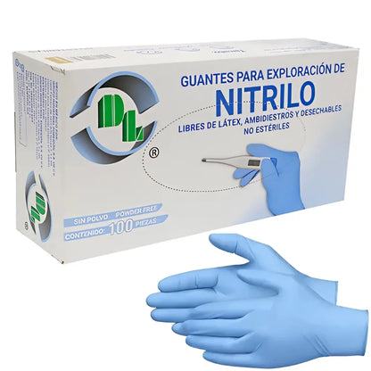 Guante de Nitrilo libre de polvo para examen, color azul - caja con 100 piezas - DL