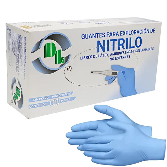 Guante de Nitrilo libre de polvo para examen, color azul - caja con 100 piezas - DL