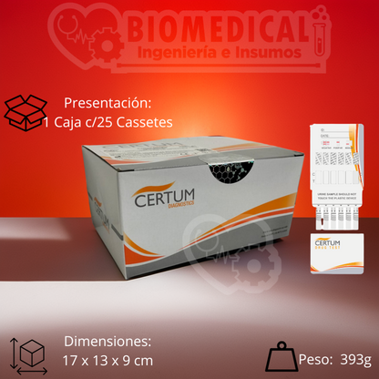 PANEL 4 PARÁMETROS EN ORINA (THC / COC / MET / ANF) - Caja con 25 Cassetes - CERTUM toxicologia CERTUM México