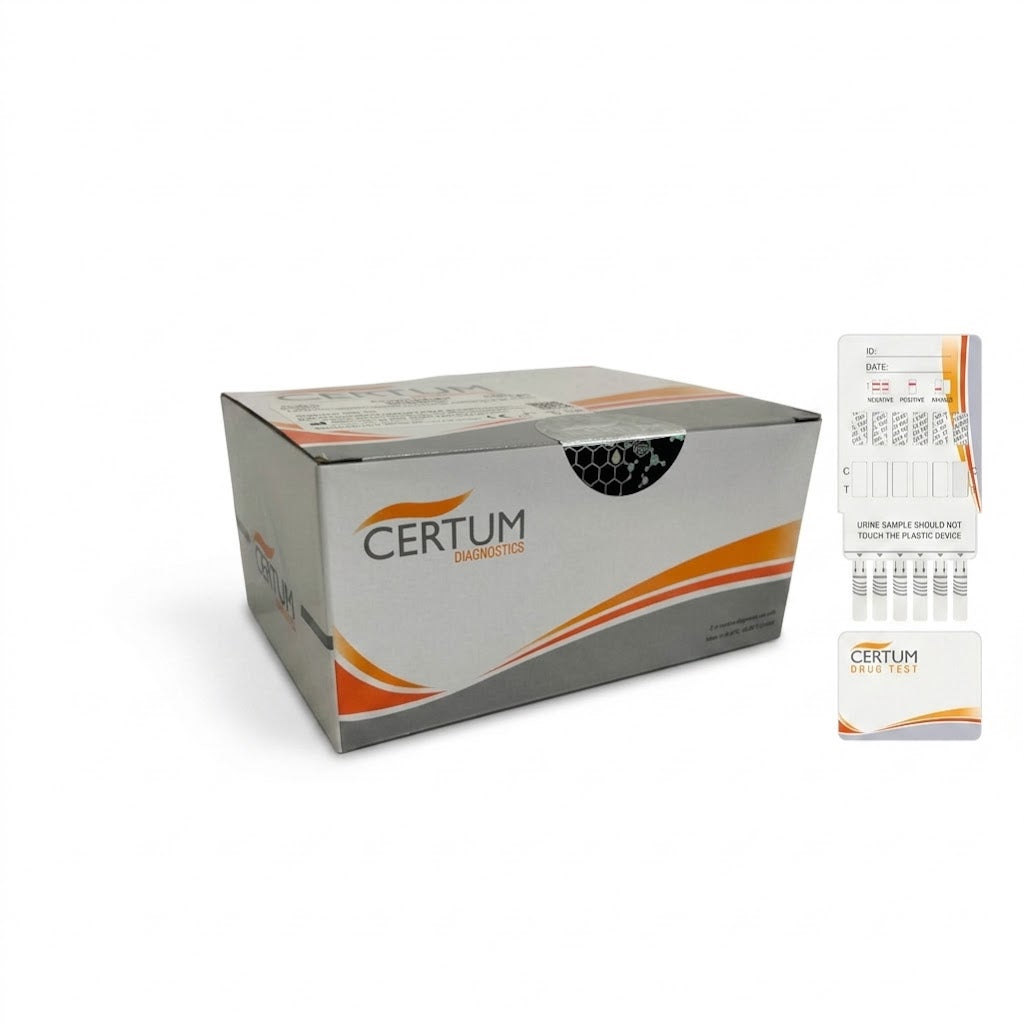 PANEL DE 5 PARÁMETROS EN ORINA (THC/COC/MET/ANF/BZD) - Caja con 25 Cassetes - MARCA CERTUM