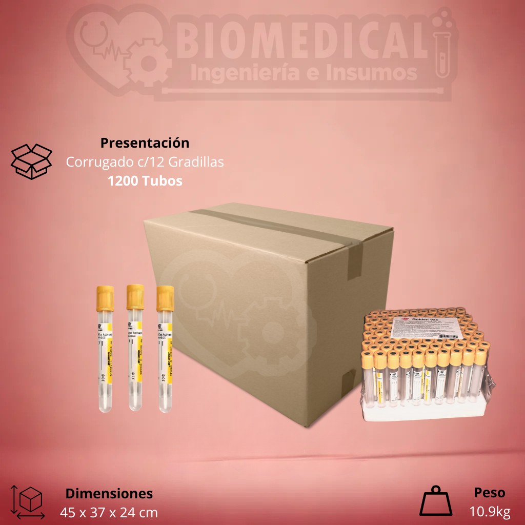 GOLDEN VAC | Tubo AMARILLO al vacío con Gel y Activador de Coágulo 13×100 mm 6 ml