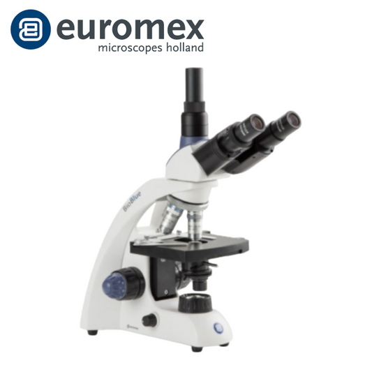 Microscopio trinocular BioBlue SMP 4/10/S40/S100x objetivos de aceite con platina mecánica e iluminación inalámbrica NeoLED™ de 1 W - Euromex