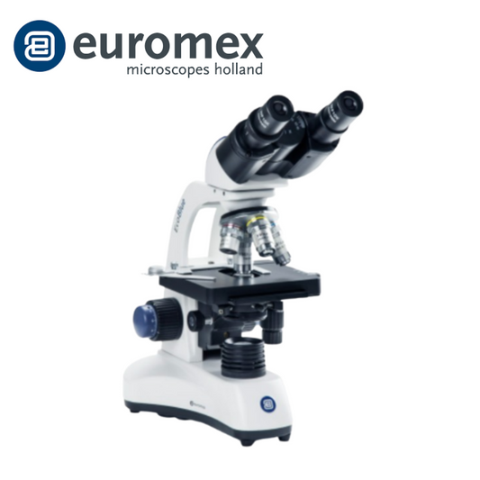 Microscopio Binocular EcoBlue, 10x/18,achro 4 10 40 100, platina mecánica, enfoque coaxial, LED recargable - Euromex