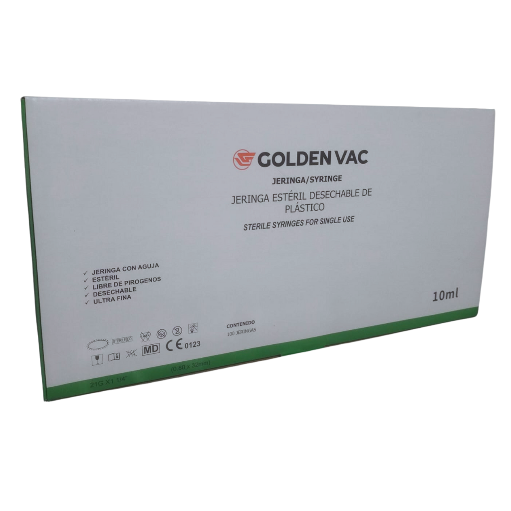 Jeringa 10 ml Verde 21G X 32mm - Caja con 100 piezas | Goldenvac